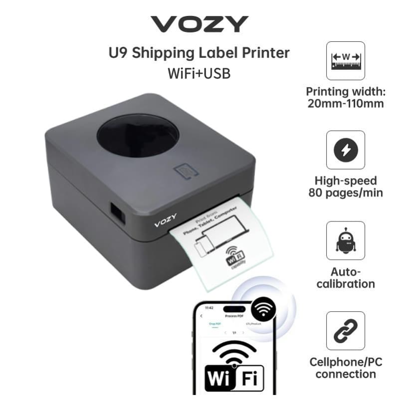 VOZY U9 เครื่องพิมพ์ฉลากบาร์โค้ด USB+Bluetooth ไม่ใช้หมึก พิมพ์เร็ว 160mm/s