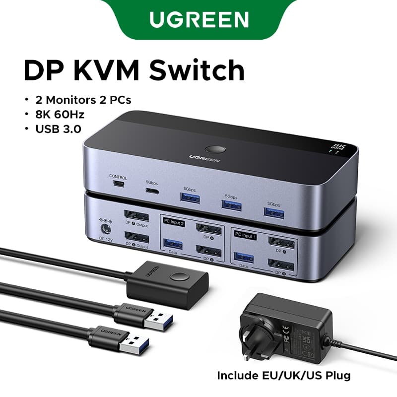 UGREEN DP KVM สวิทช์ 8K 2 จอ 2 PC USB 3.0 รองรับ Mac/Windows/Linux