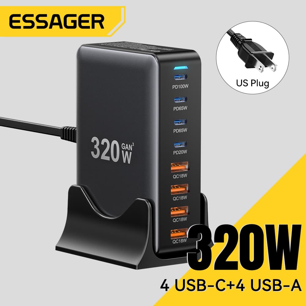 ESSAGER 320W GaN Charger 4C+4A ชาร์จเร็วอัจฉริยะ รองรับหลายอุปกรณ์