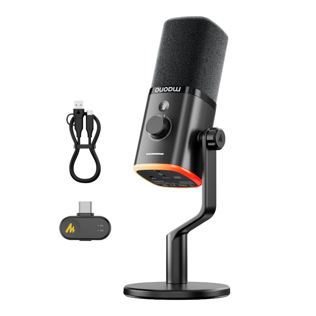 Maono PD100W ไมโครโฟนไร้สาย XLR/USB สตรีมสด ลดเสียงรบกวน สำหรับเกม ร้องเพลง และ Podcast