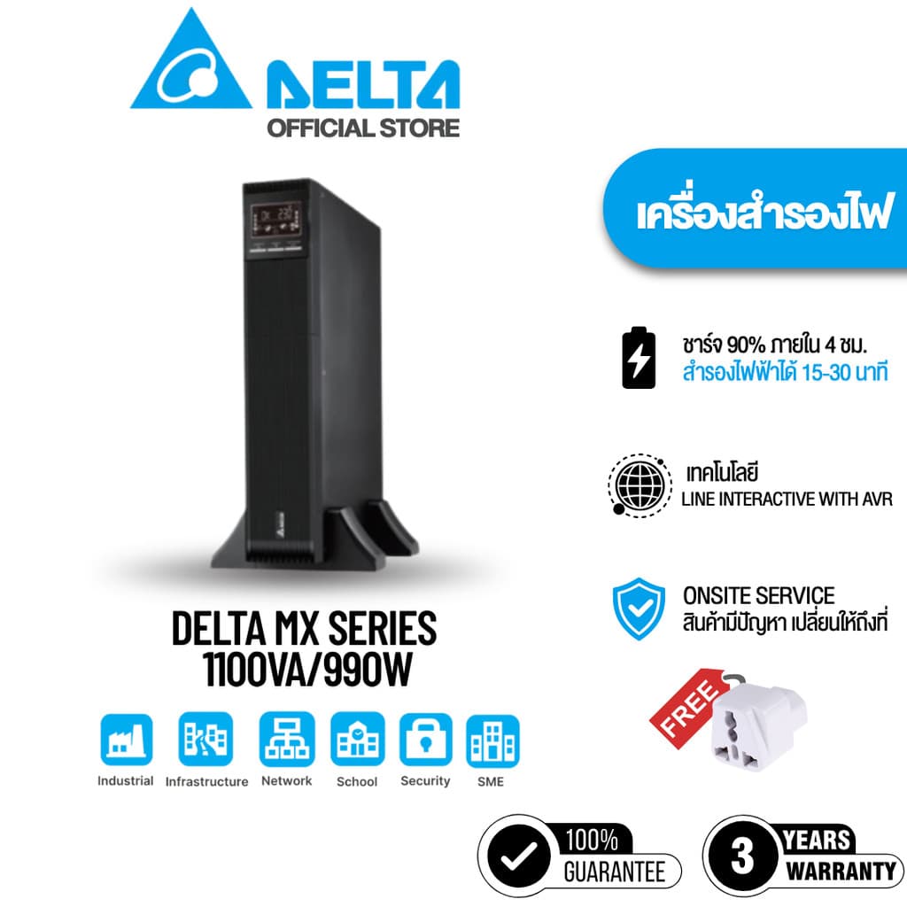 Delta UPS MX-1.1K เครื่องสำรองไฟฟ้า 1100VA/990W ระบบ AVR คุณภาพสูง