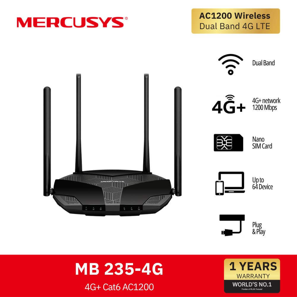 MERCUSYS MB235-4G เราเตอร์ซิมการ์ด 4G+ AC1200 Dual Band Gigabit