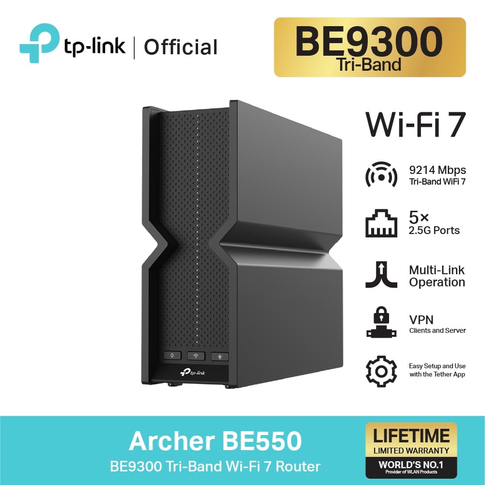 TP-Link Archer BE550 เราเตอร์ Wi-Fi 7 Tri-Band ความเร็วสูง 9214 Mbps สัญญาณเสถียร ไม่สะดุด