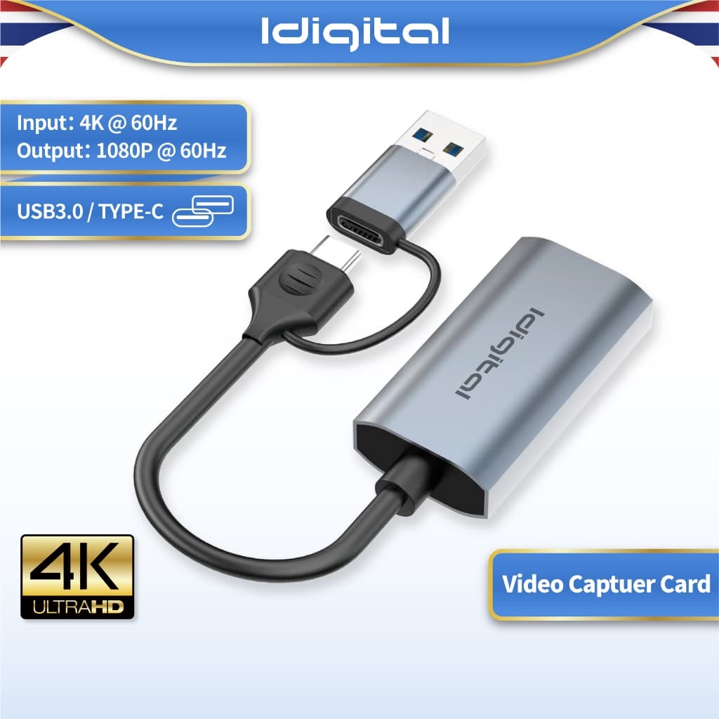 Idigital การ์ดจับภาพวิดีโอ 4K 60Hz USB-C/USB3.0 สำหรับเกมและบันทึกวิดีโอ