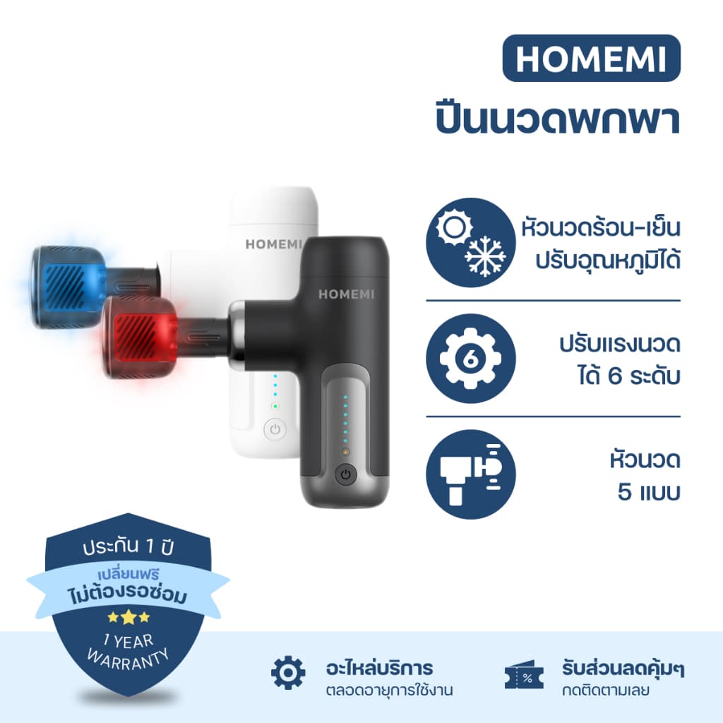 Homemi Mini Massage Gun ปืนนวดพกพาไร้สาย นวดร้อน-เย็น 6 ระดับ ปรับอุณหภูมิได้