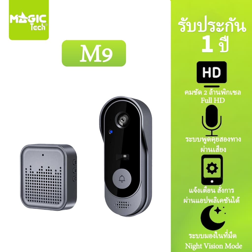 MAGICTECH ออดประตูวีดีโอ Smart Home รุ่น M9 มุมมอง 170° เชื่อมต่อ WiFi