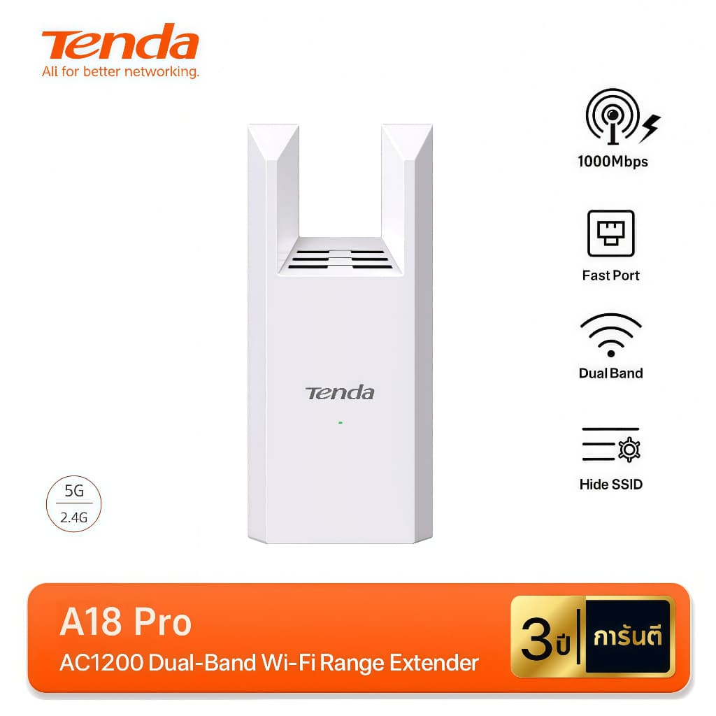 Tenda A18 Pro AC1200 ตัวขยายสัญญาณ WiFi 1000Mbps ครอบคลุมทั้งบ้าน