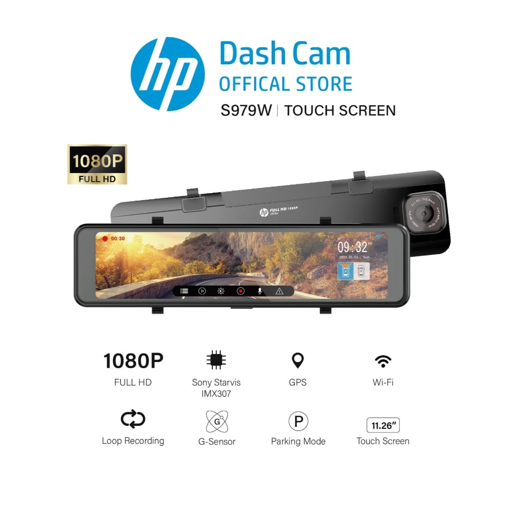 HP Dash Cam S979W 1080P กล้องติดรถยนต์ GPS WiFi ADAS มุมกว้าง 136° กล้องหลัง SONY
