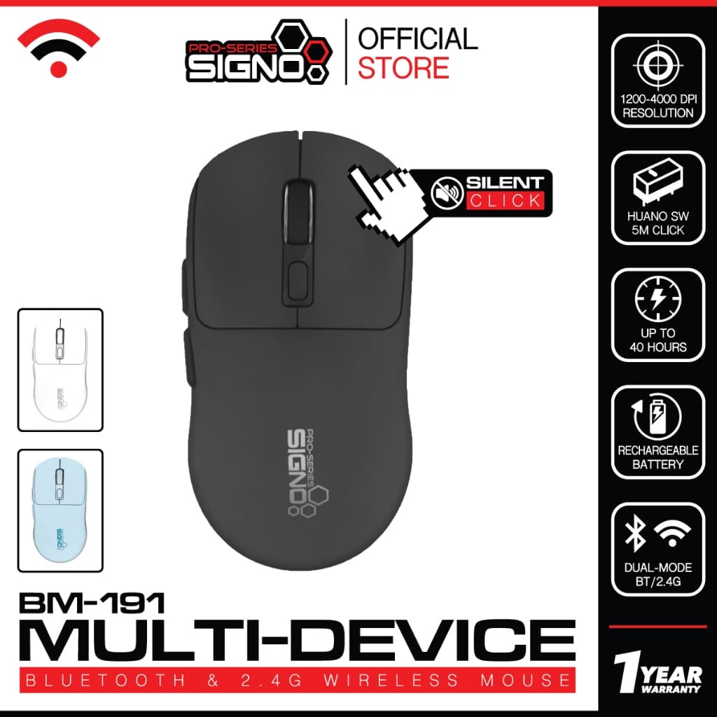 SIGNO เมาส์ไร้สาย Bluetooth & 2.4G รุ่น BM-191 คลิ๊กเงียบ ใช้งาน 40 ชม.