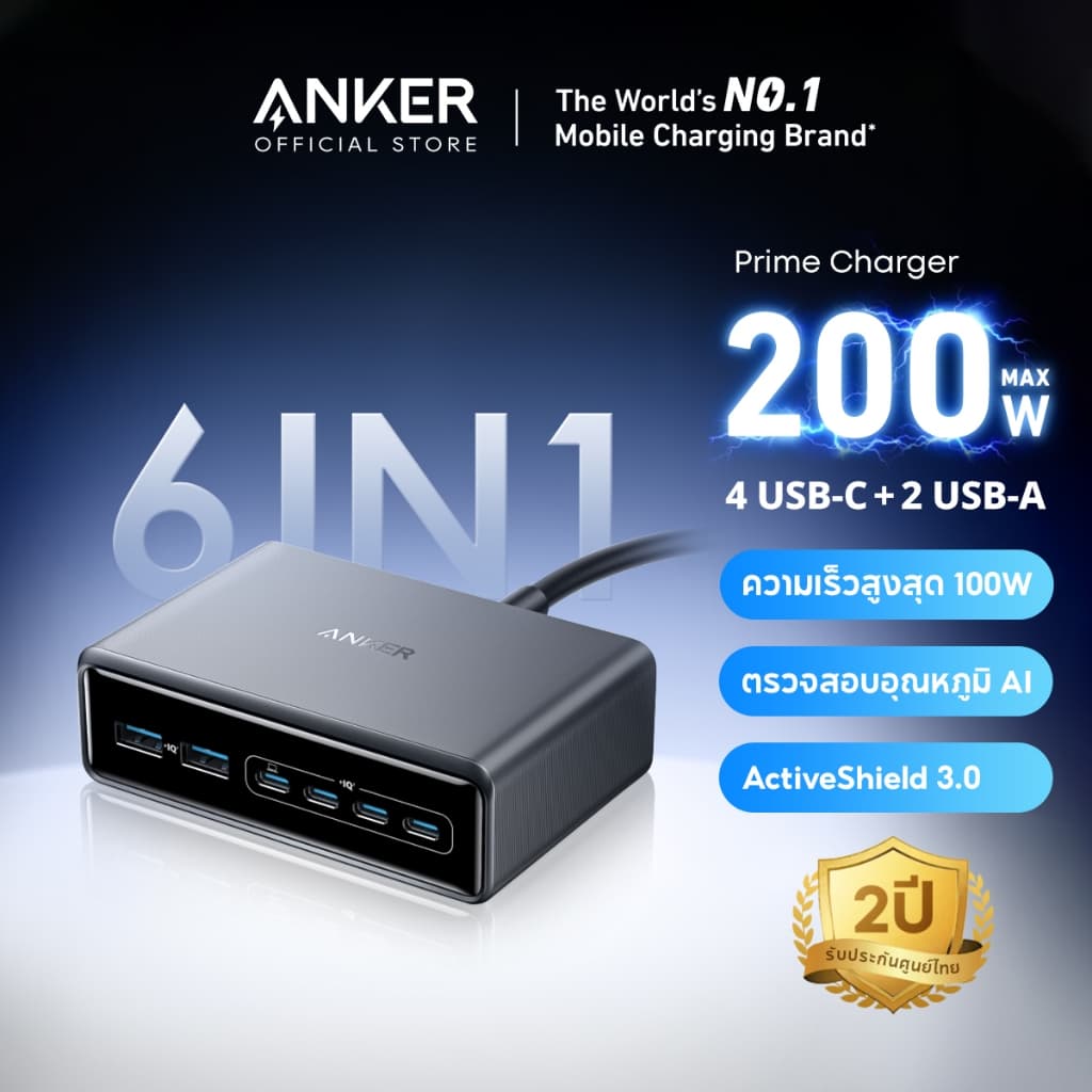 Anker Prime 200W ชาร์จเร็ว 6-Port GaN USB-C สำหรับ MacBook/iPhone/Galaxy