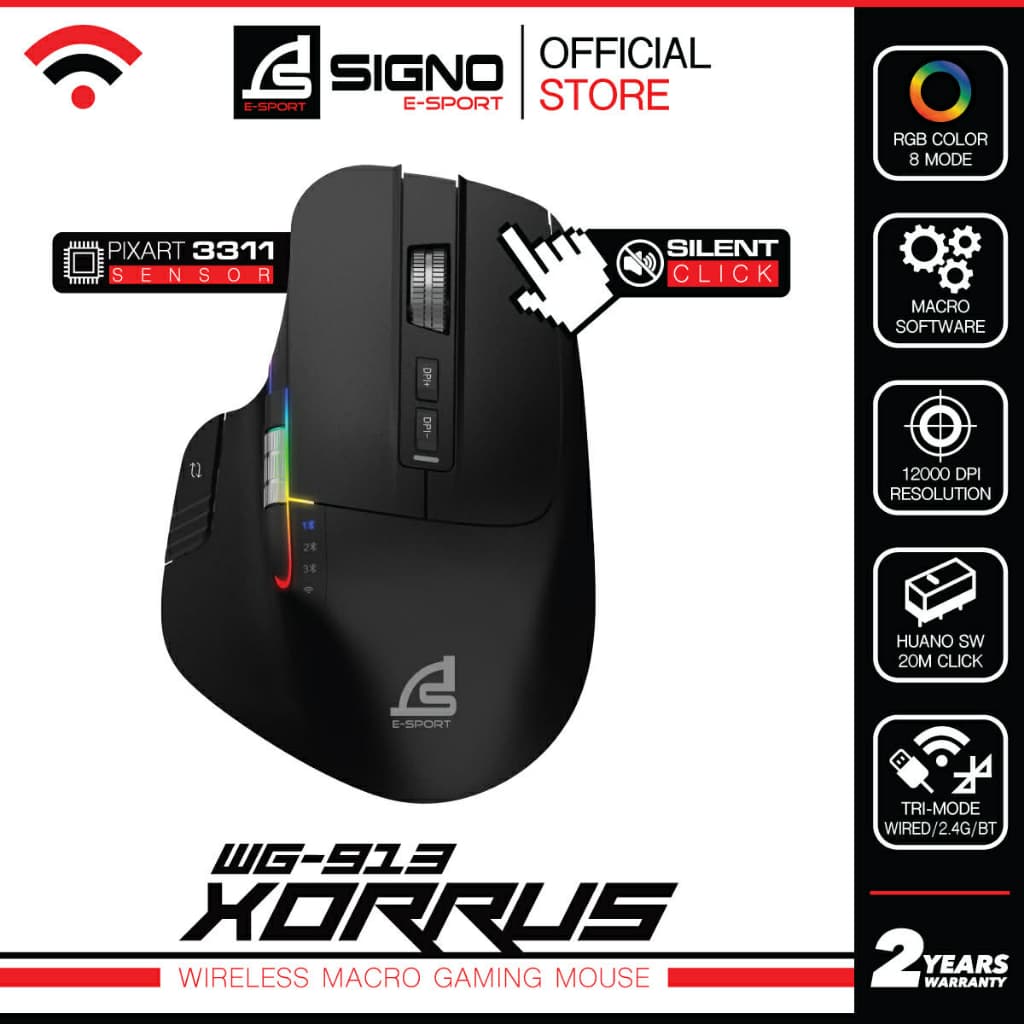 SIGNO WG-913 เมาส์เกมมิ่งไร้สาย RGB 8 ปุ่ม เชื่อมต่อ 3 ระบบ