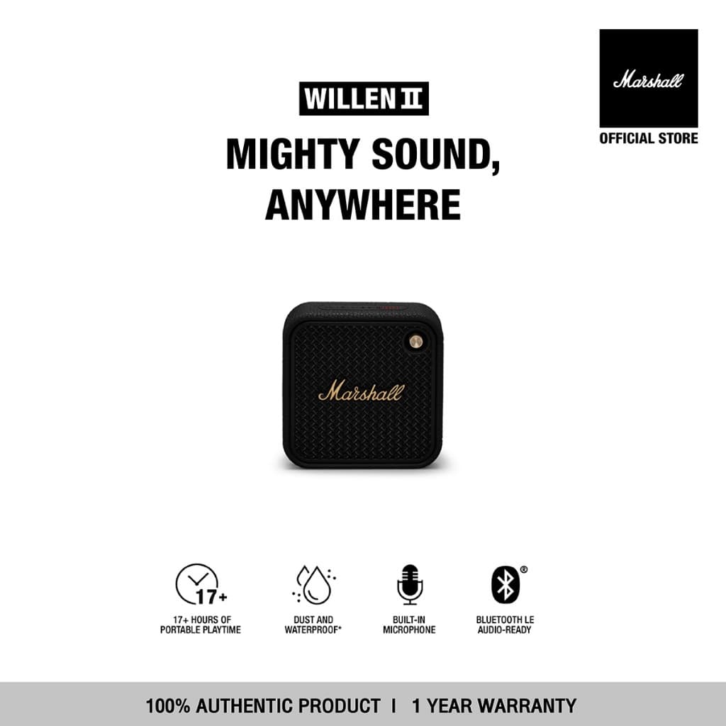 MARSHALL Willen II Black & Brass ลำโพงบลูทูธพกพา เสียงเบสหนักแน่น เล่นต่อเนื่อง 17 ชม.