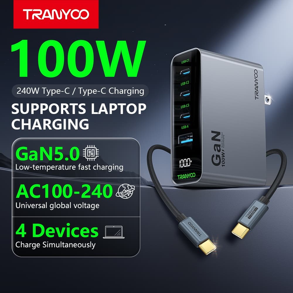 TRANYOO US10 TIS Certified เครื่องชาร์จ GaN 100W 4-Port พร้อมจอแสดงผลดิจิทัล ชาร์จเร็วและอัจฉริยะ