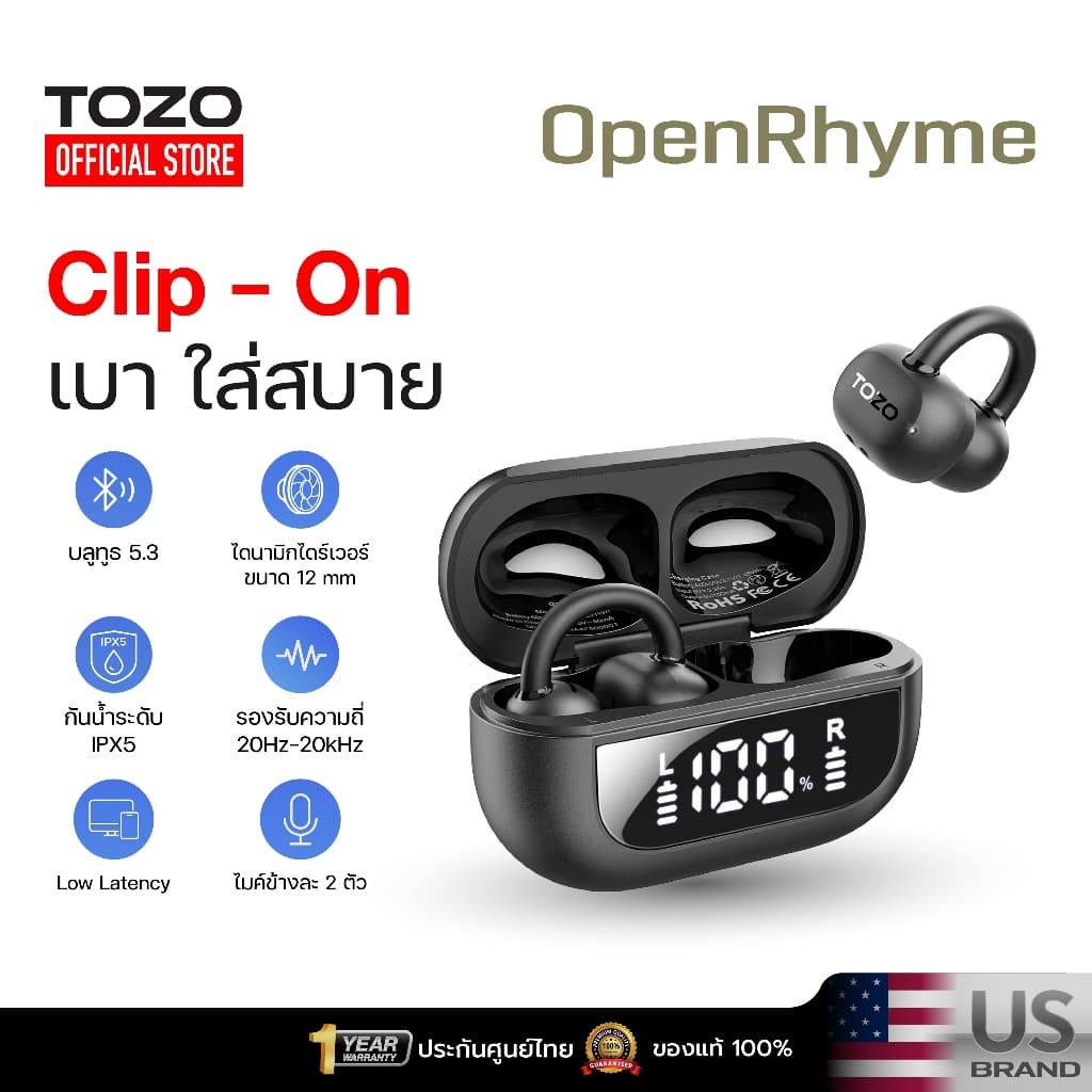 TOZO OpenRhyme หูฟังบลูทูธไร้สาย เบสหนัก Bluetooth 5.3 กันน้ำ IPX5 แบต 8 ชม. มีเกมโหมด