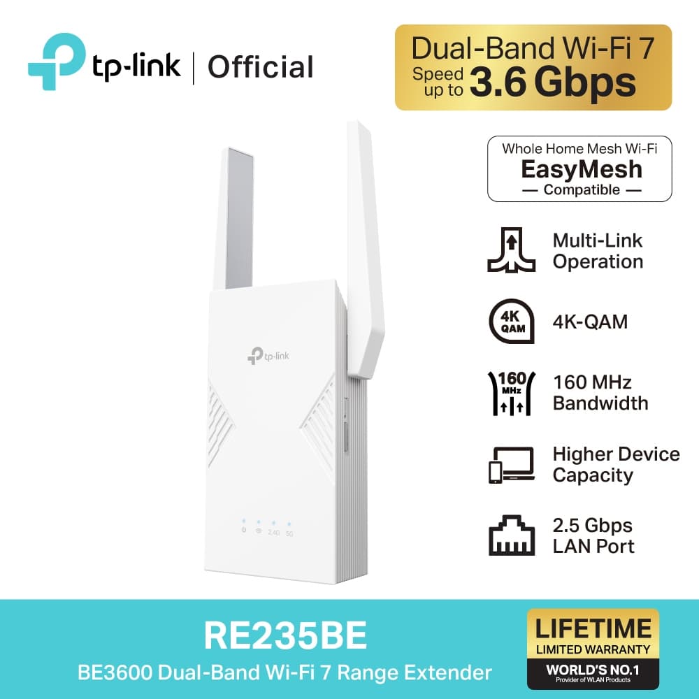 TP-Link RE235BE ขยายสัญญาณ Wi-Fi 7 ดีไซน์ทันสมัย เร็วแรง 3.6 Gbps
