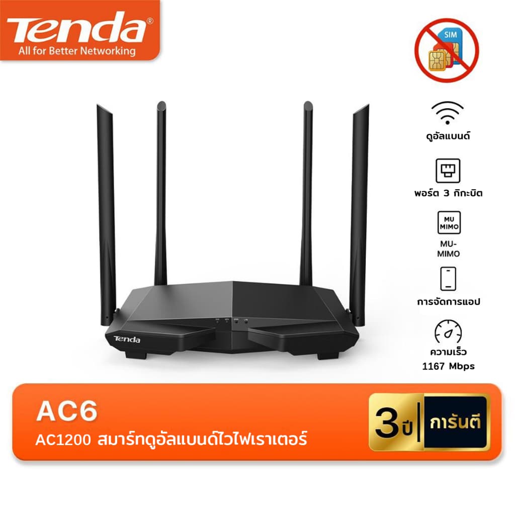 Tenda AC6 เราเตอร์ AC1200 Dual-Band 2.4G/5G ความเร็วสูงสุด 1167Mbps