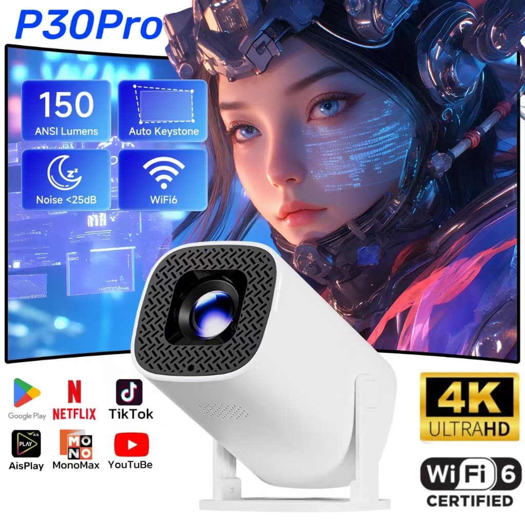 โปรเจคเตอร์ P30 Pro 4K Android 14.0 HDMI WiFi 6.0 บลูทูธ 5.0 โฮมเธียเตอร์